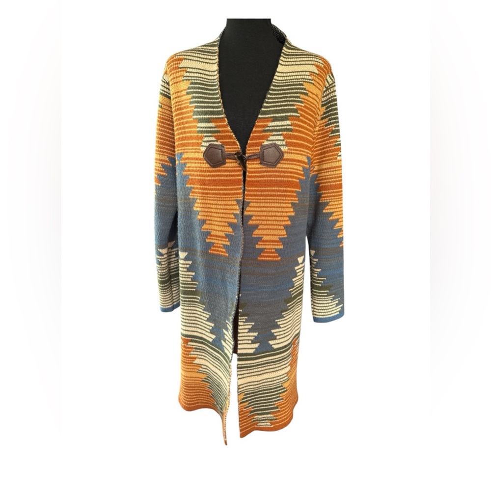 Open-Front Geometric Pattern Knit Cardigan - Orange, Blue, Cream Size Medium